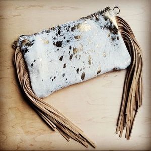Cream and Gold Metallic Hair-on-Hide Leather Clutch Handbag